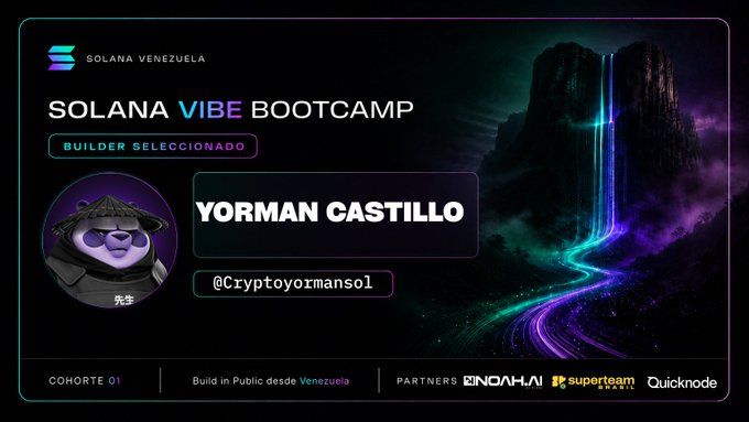 The image features a poster for a bootcamp event, with a cartoon character wearing sunglasses and holding a microphone. The poster includes text that reads "Solana Vervezula" and "Solana Vervezula Bootcamp". It also mentions "Yorman Castillo", which is likely the name of the person featured on the poster. The image suggests that the bootcamp is happening in Venezuela, as indicated by the text "Solana Vervezula".