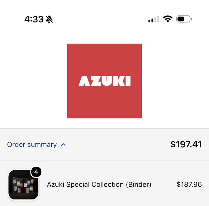 An order summary screenshot from a phone screen showing a $197.41 purchase from "AZUKI," including the Azuki Special Collection (Binder) for $187.96 with a quantity of 4. The image reflects the post's enthusiasm for supporting Azuki, as it documents a direct purchase of their merchandise.