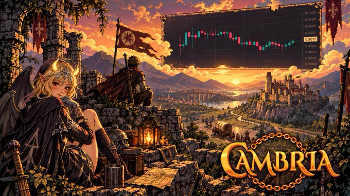A fantasy-themed promotional banner titled 'CAMBRIA' featuring an elf-eared character, a knight, and a castle landscape, overlaid with a stock chart showing the CAMBRIA ticker at $0.5070.