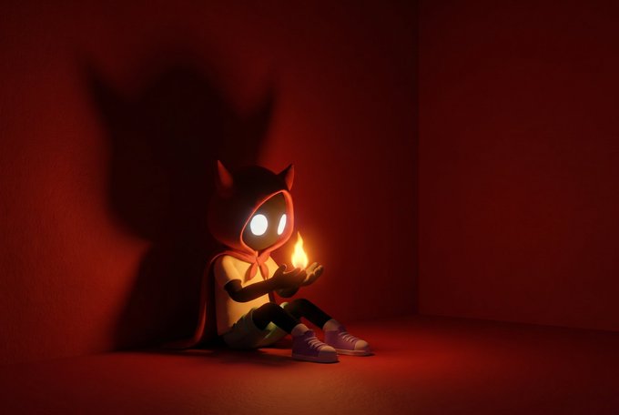 A 3D-rendered character with glowing white eyes and a red cape sits on the floor of a dark red room, holding a small flame that casts a large shadowy silhouette of their head on the wall behind them.