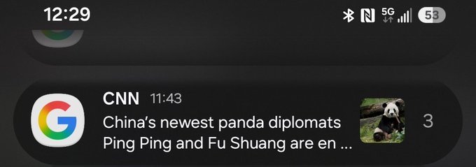 A smartphone notification screenshot showing a CNN alert at 11:43 reading 'China's newest panda diplomats Ping Ping and Fu Shuang are en...' with the time 12:29 displayed at the top.