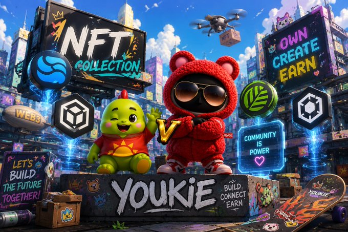 A red bear mascot in sunglasses and a green dinosaur mascot wearing a crown stand in front of vibrant billboards promoting "NFT COLLECTION," "OWN CREATE EARN," "WEB3," and "YOUKIE," with a drone labeled "NFT" flying overhead. The image's NFT and crypto branding loosely aligns with the post's discussion of staking $RIVER tokens for APR, though the Youkie characters don't directly connect to the River ecosystem mentioned.