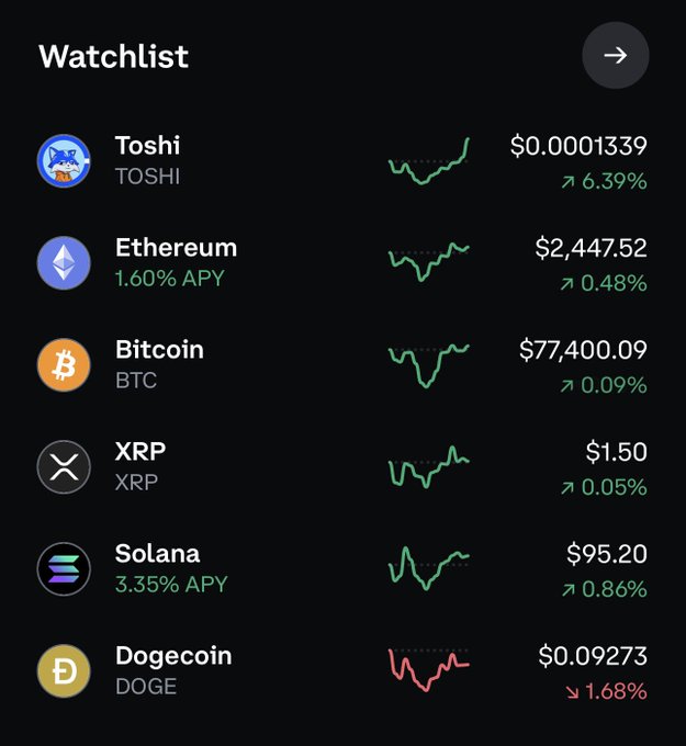 A dark-themed cryptocurrency watchlist interface showing prices and percentage changes for Toshi (TOSHI), Ethereum (ETH, 1.60% APY), Bitcoin (BTC), XRP, Solana (SOL, 3.35% APY), and Dogecoin (DOGE).