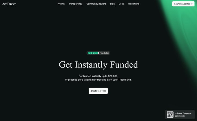 A website landing page for AceTrader showing the headline 'Get Instantly Funded' with text 'Get funded instantly up to $20,000, or practice prop trading risk-free and earn your Trade Fund.' and a 'Start Free Trial' button.