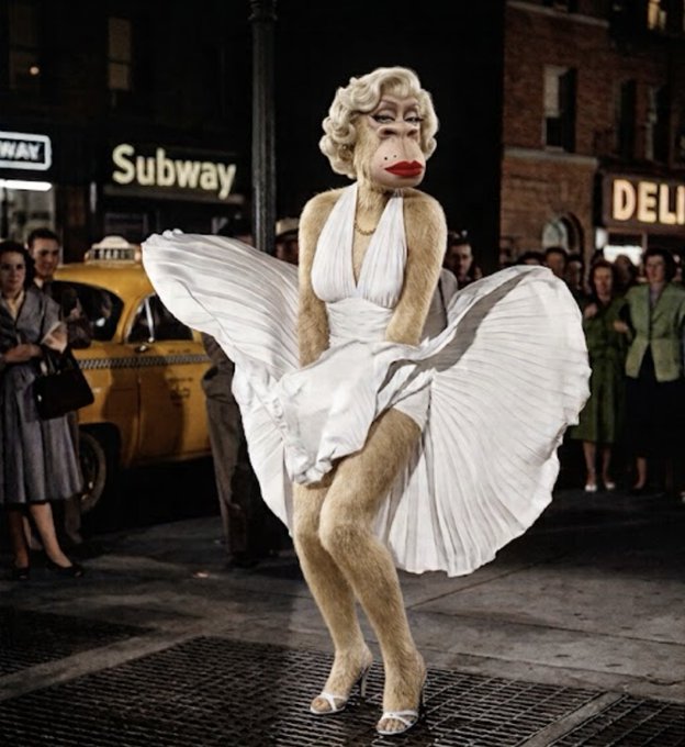 A digital composite image of Marilyn Monroe in her iconic white dress pose from 'The Seven Year Itch,' but with a dog's face superimposed onto her body, standing on a city street with a subway sign and taxi in the background.