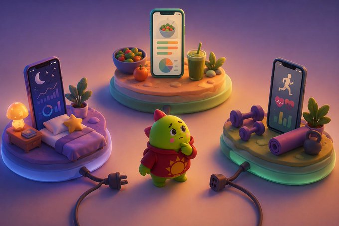 A 3D-rendered green dinosaur mascot in a sun hoodie stands among three platforms displaying health and lifestyle apps on smartphones, surrounded by related items like a bed, dumbbells, a salad, and a smoothie.