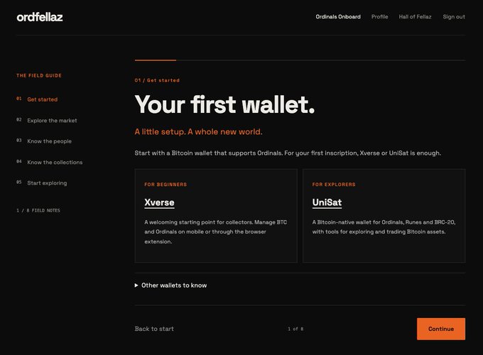 Screenshot of the ordifellaz website showing 'Your first wallet.' page recommending Xverse for beginners and UniSat for explorers for Ordinals, with a navigation menu on the left.