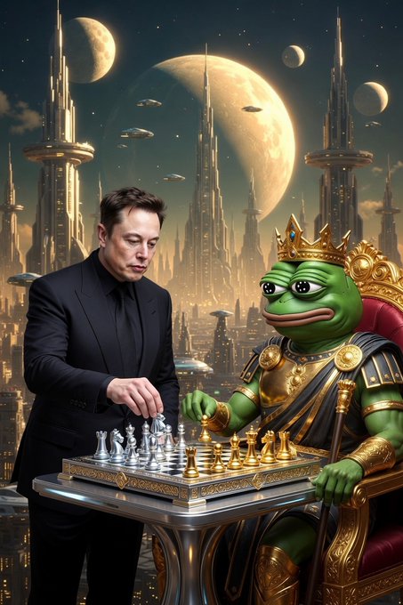 A man in a black suit plays chess against a crowned Pepe the Frog king wearing Roman-style armor, set against a futuristic alien cityscape with multiple moons and spaceships.