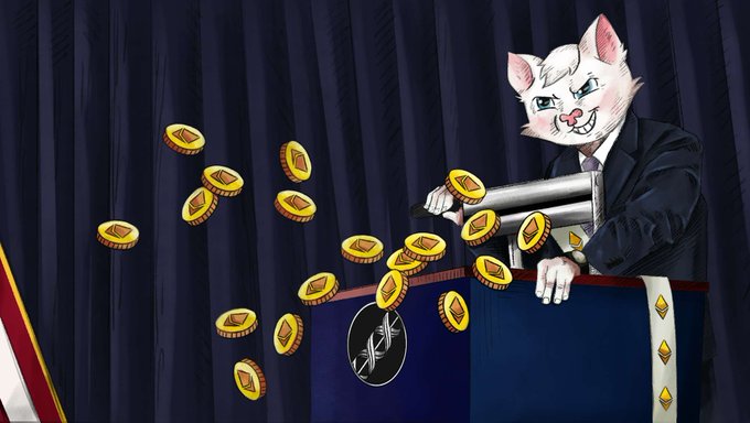 An illustration of an anthropomorphic white cat in a suit standing at a podium, tossing gold tokens into the air against a curtain background.