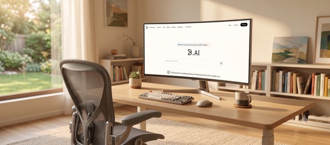 A bright home office setup with an ergonomic chair, wooden desk, and large monitor displaying the website "&.AI" in the browser, alongside a keyboard, mouse, and coffee mug. The image relates to the post by evoking a personal AI-powered workspace, suggesting how an autonomous AI agent could handle daily tasks in such a setting.