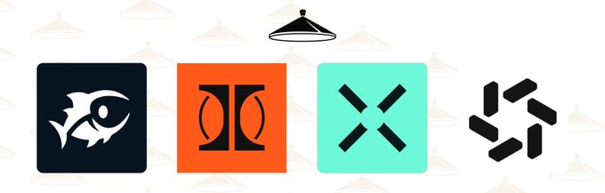 The image displays icons representing the protocols mentioned in the post: a fish logo for Ostium, an orange "M" for DeFiTuna, along with additional protocol symbols (a teal square with an "X" and a black hexagonal logo), and a coat hanger at the top, visually summarizing the recent exploits discussed.