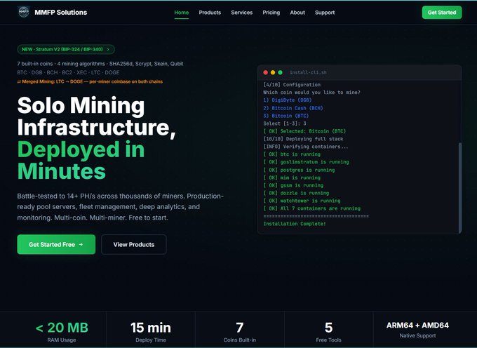Website homepage for MMFP Solutions advertising 'Solo Mining Infrastructure, Deployed in Minutes' supporting 7 built-in coins including BTC, DOG, BCH, BC2, XEC, LTC, and DOGE.