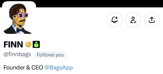 Twitter/X profile for FINN (@finnbags), Founder & CEO of @BagsApp, featuring a cartoon avatar of a man with pink sunglasses and mustache, with a verified checkmark and 'Follows you' indicator.