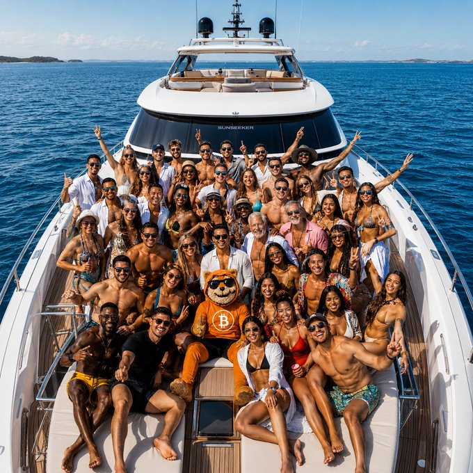 A large group of people in swimwear pose on the bow of a white "SUNSEEKER" yacht, with a person in an orange mascot costume featuring a Bitcoin "₿" logo sitting at the center, playfully illustrating the post's fantasy of celebrating $DOG success by chartering a luxury yacht with the "DOG Army."