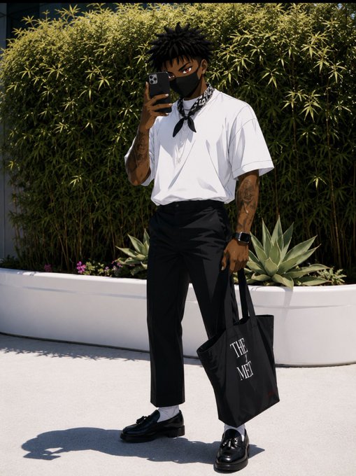A stylish person in a white t-shirt, black pants, loafers, and face mask takes a mirror selfie while holding a tote bag that reads "THE NEE," complementing the post's motivational crypto-focused message about chasing milestones like $56m and $ANSEM.