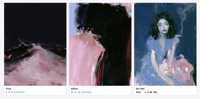 A webpage displaying three expressionist-style paintings titled 'Crue', 'Abîme', and 'Dis-Moi', with the latter showing a 'SOLD' status and a price of 1.04 SOL.