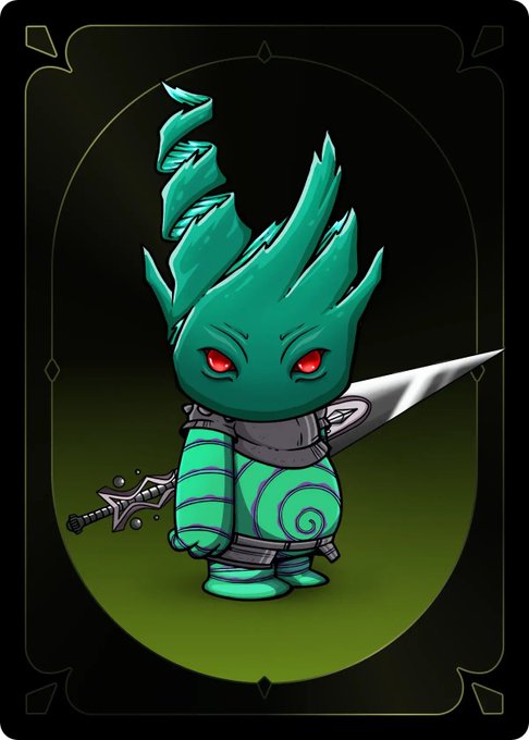 A stylized green-skinned warrior with glowing red eyes and flame-like teal hair holds an ornate sword, presented as a collectible card-style illustration against a dark gradient background. The "Gm from The Otherside" post suggests this is a character or NFT from the Otherside metaverse project, with the cartoonish, chibi-style figure serving as a stylized avatar greeting the community.