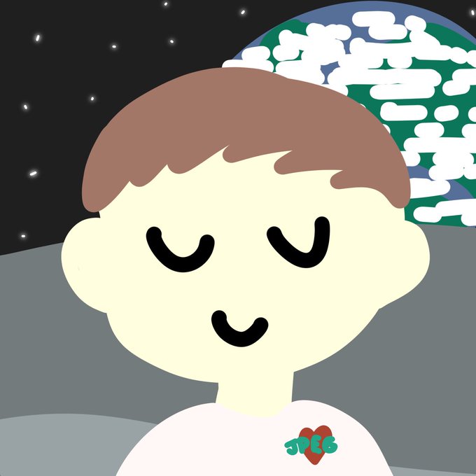 A cartoon-style illustration shows a smiling figure with brown hair against a starry backdrop featuring Earth, wearing a shirt with a "JPEG" logo on a heart. The image playfully references the post's "ukiyo went on a roundtrip to the moon" caption, depicting a serene character who has returned from a space journey, with the JPEG logo tying into the request for people to drop their EVM addresses for jpegs.