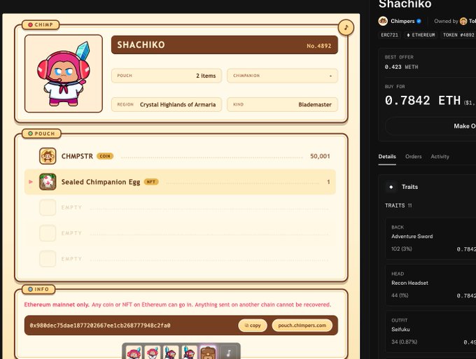 A screenshot of a marketplace interface showing an NFT character named 'SHACHIKO' from 'CHMPSTR' for sale, with details including 'Region: Crystal Highlands of Armaria', 'Kind: Blademaster', and pricing information in ETH.