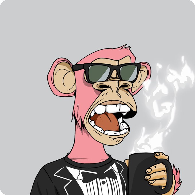 A cartoon monkey with pink fur, sunglasses, and a tuxedo holds a steaming mug against a gray background. The image's "good morning" vibe pairs with the post's casual "GM" greeting to create a playful, crypto-style morning check-in.