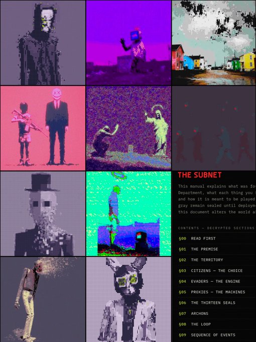 A grid of glitchy, pixelated art images with a 'THE SUBNET' document overlay on the right side, showing a table of contents listing sections like 'READ FIRST', 'THE PREMISE', 'THE TERRITORY', 'CITIZENS - THE CHOICE', 'EVADERS - THE ENGINE', and others from §00 to §09.