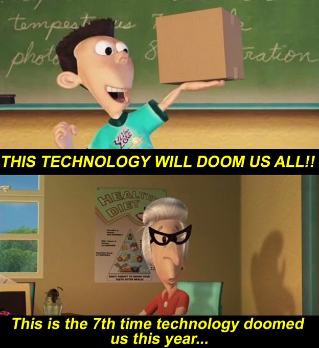 A meme from the cartoon Phineas and Ferb showing Phineas holding a box labeled 'THIS TECHNOLOGY WILL DOOM US ALL!!' and a caption reading 'This is the 7th time technology doomed us this year...'