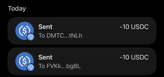 A transaction history on what appears to be a crypto wallet showing two sent payments of -10 USDC each, with the recipients' addresses partially visible (DMTC...tNLh and FVKk...bg8L), corroborating the post's claim of tipping two winners.