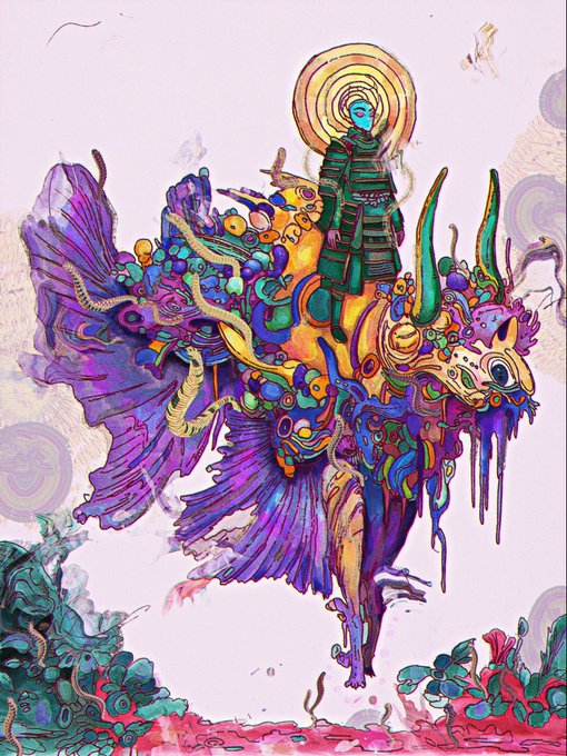 A vibrant, surreal illustration of a figure in samurai-style armor with a glowing halo riding a fantastical, ornately decorated purple and gold beast.