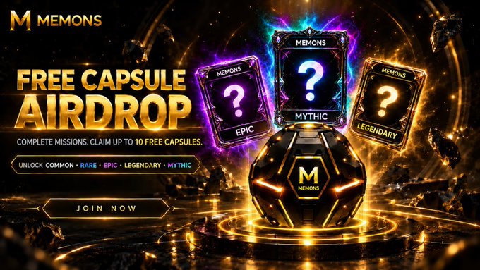 A promotional banner for a "MEMONS FREE CAPSULE AIRDROP" event features a glowing hexagonal capsule alongside three card tiers (EPIC, MYTHIC, LEGENDARY) with question marks, displaying the "JOIN NOW" button and text reading "COMPLETE MISSIONS. CLAIM UP TO 10 FREE CAPSULES." The vibrant cosmic design with gold accents visually reinforces the post's invitation to join at apepe.io/mypage-missions for free capsule rewards.