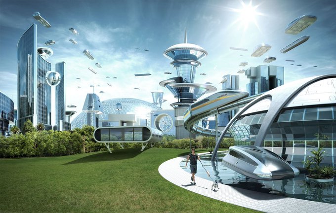 A futuristic cityscape with sleek silver buildings, flying vehicles, and a woman jogging past a pod-like structure under a bright sun visualizes the utopian life the post suggests could be achieved by CZ (Changpeng Zhao) of Binance burning the $MARSCOIN token, tying the sci-fi vision to a specific crypto community figure and token.