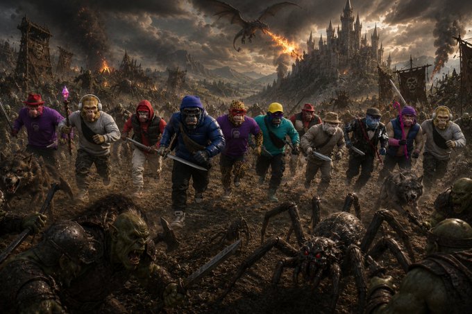 A fantasy battle scene shows a group of people in modern streetwear charging across a desolate battlefield toward the viewer, with a dragon breathing fire, a dark castle, and hordes of orcs, spiders, and undead in the background.