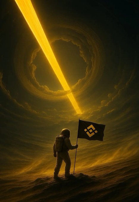 The image features a person standing on top of a mountain, holding a flag with a logo on it. The sky above them has a yellow glow, possibly due to a bright light or a sun flare. The caption reads "Most alts are still cooling off but BNB keeps pumping. I don't see any big news behind it is this just whales hunting liquidity? Or something else?". This suggests that the person on the mountain might be an astronaut who has recently returned from space, and they are now standing on a rocky surface with a unique view of the sky above them.

The image also contains some text about Bitcoin, which could indicate that the person is interested in or familiar with cryptocurrency. The presence of the flag with a logo further supports this idea, as it might be related to Bitcoin or another digital currency.