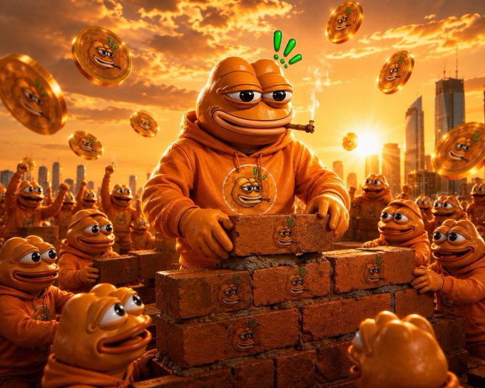 A digitally created illustration of anthropomorphic orange carrot-like characters in hoodies building a brick wall at sunset, with a city skyline and floating coin-like objects in the background.
