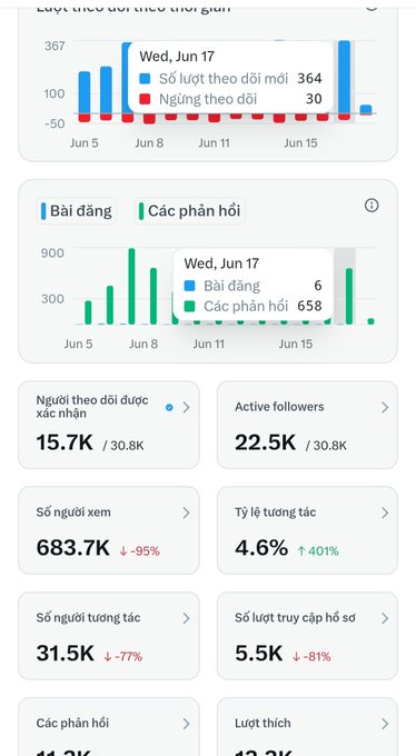 The image shows a phone screen displaying various statistics about social media followers. The screen has a summary of the data displayed with numbers and words written in different languages including English and Vietnamese. The main focus of the image is the summary, which provides information on the number of followers for each language.