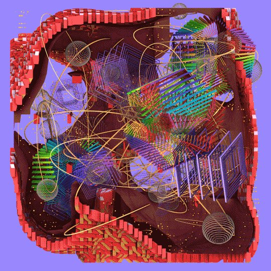 The image features a complex, abstract design composed of various shapes and lines that appear to be made from wire or other materials. The colors used are predominantly red, purple, green, blue, and orange. The design seems to be a representation of an object with multiple layers, possibly resembling a cube or a sphere. The image is accompanied by text that reads "LAA277_EP" and "Ellipsoid Paths 19 in Layered Algorithmic Abstractions 277".