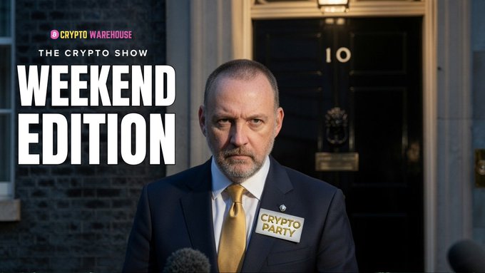 A man in a suit with a 'CRYPTO PARTY' badge stands in front of door number 10, with overlay text 'CRYPTO WAREHOUSE THE CRYPTO SHOW WEEKEND EDITION'.