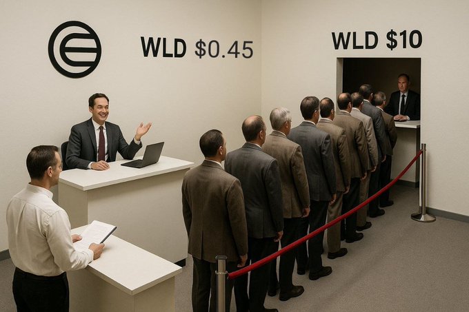 A Worldcoin (WLD) representative welcomes visitors at a checkpoint with a "$10" ticket booth, while another booth displays "$0.45," visually contrasting low revenue with projected token value. The image satirizes the post's discussion of how WLD sustains itself despite having minimal earnings, portraying the project as relying more on optimistic ticket pricing than actual business fundamentals.