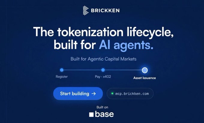 Brickken's landing page advertises "The tokenization lifecycle, built for AI agents," highlighting their Agentic Capital Markets platform with a three-step flow (Register, Pay via x402, Asset Issuance) at mcp.brickken.com, built on Base—matching the post's excitement about their automated, AI-agent-driven tokenization launch on Base.