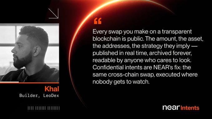 Quote graphic featuring Khal, Builder at LeoDex, discussing NEAR Intents' confidential cross-chain swaps that don't expose swap details on a public blockchain.