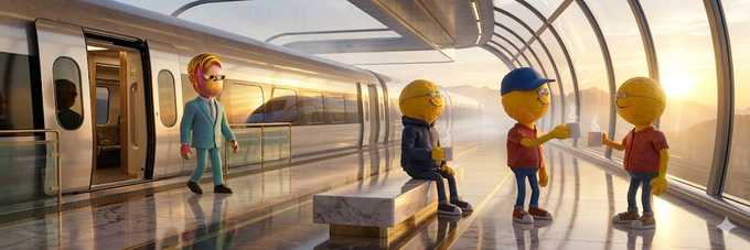 An animated scene depicting yellow emoji-style characters, including one with pink hair in a suit, inside a modern, glass-walled train station or transit hub.