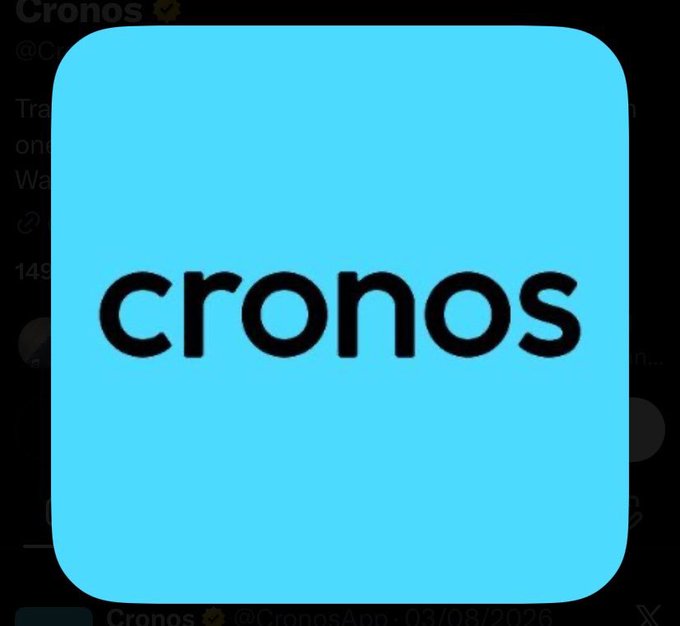 A bright blue square app icon with 'cronos' written in black lowercase letters.