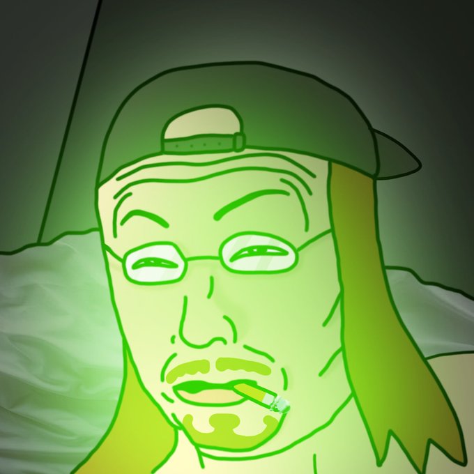 A stylized digital drawing of a character with a backwards cap, glasses, long hair, and a cigarette, rendered in green line art.