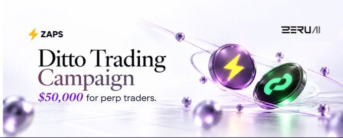 A banner advertisement for the 'ZAPS Ditto Trading Campaign' by BeruAI, offering $50,000 for perpetual futures traders, featuring purple and green coin graphics.