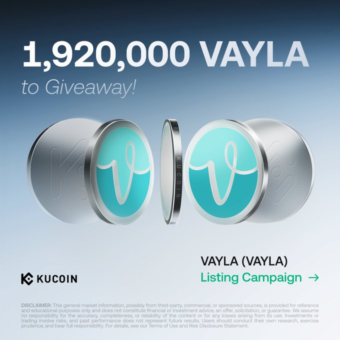 KuCoin listing campaign banner for VAYLA (VAYLA) promoting a 1,920,000 VAYLA giveaway, featuring the stylized VAYLA coin logo and a "Listing Campaign" call-to-action that pairs with the post detailing the 1,850,000 VAYLA trading prize pool and 70,000 VAYLA learn-and-earn activity.