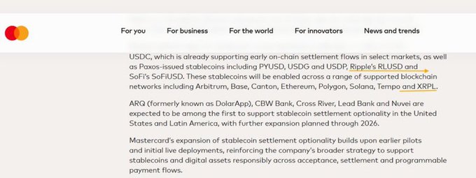 The image shows a close-up view of a website about Mastercard supporting Bitcoin payments as well as Ripple Ledger, which is another global payment system that works with Bitcoin. The text from the page provides information about these services while using the word "RLUSD" and several times referencing Ripple Ledger in different sentences throughout the content. The focus on the image suggests it's a webpage or post providing details related to Mastercard and Ripple Ledger services, and possibly discussing cryptocurrency transactions.