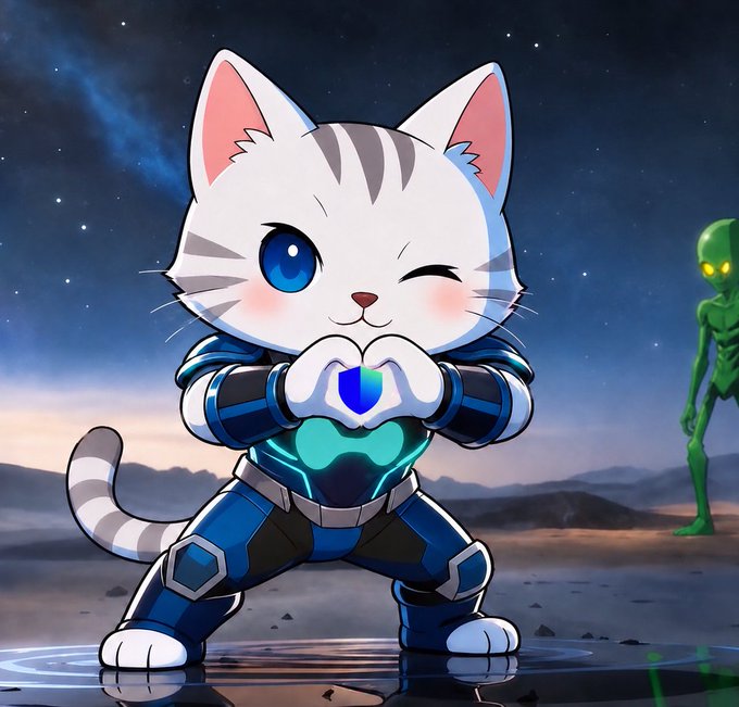 The image features a cartoon cat wearing blue armor, standing on water with its paw raised up in the air as if making a peace sign or giving a high five. The background of the image shows an alien figure, possibly a green one, also standing on water and looking at the cat. The caption to the image reads "Kittens don' lie She knows what's best So even her heart gesture is shaped like #TrustWallet's GN!".