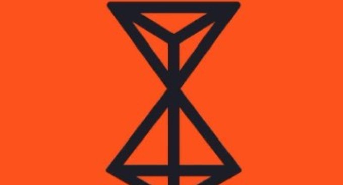 A simple geometric logo featuring two connected dark navy triangles forming an hourglass-like shape on a solid orange background.