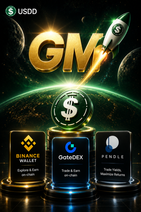 The image features a poster for GM, which includes three logos representing different cryptocurrency exchanges: Bitcoin, GateDEX, and Pendle. The poster also displays a rocket ship flying over the exchange logos, symbolizing the growth potential of these digital assets.