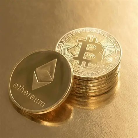 A close-up of two physical cryptocurrency coins: a gold Bitcoin coin and a silver Ethereum coin stacked on a beige surface.