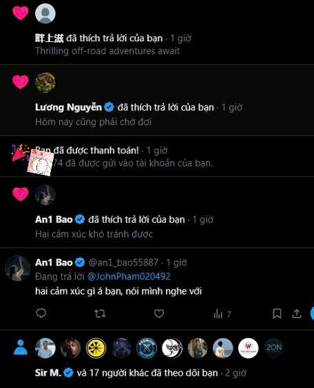 A screenshot of a social media interface showing various replies in Vietnamese, including user names "Lương Nguyên" and "An1 Bào", with "JohnPham020492" tagged.